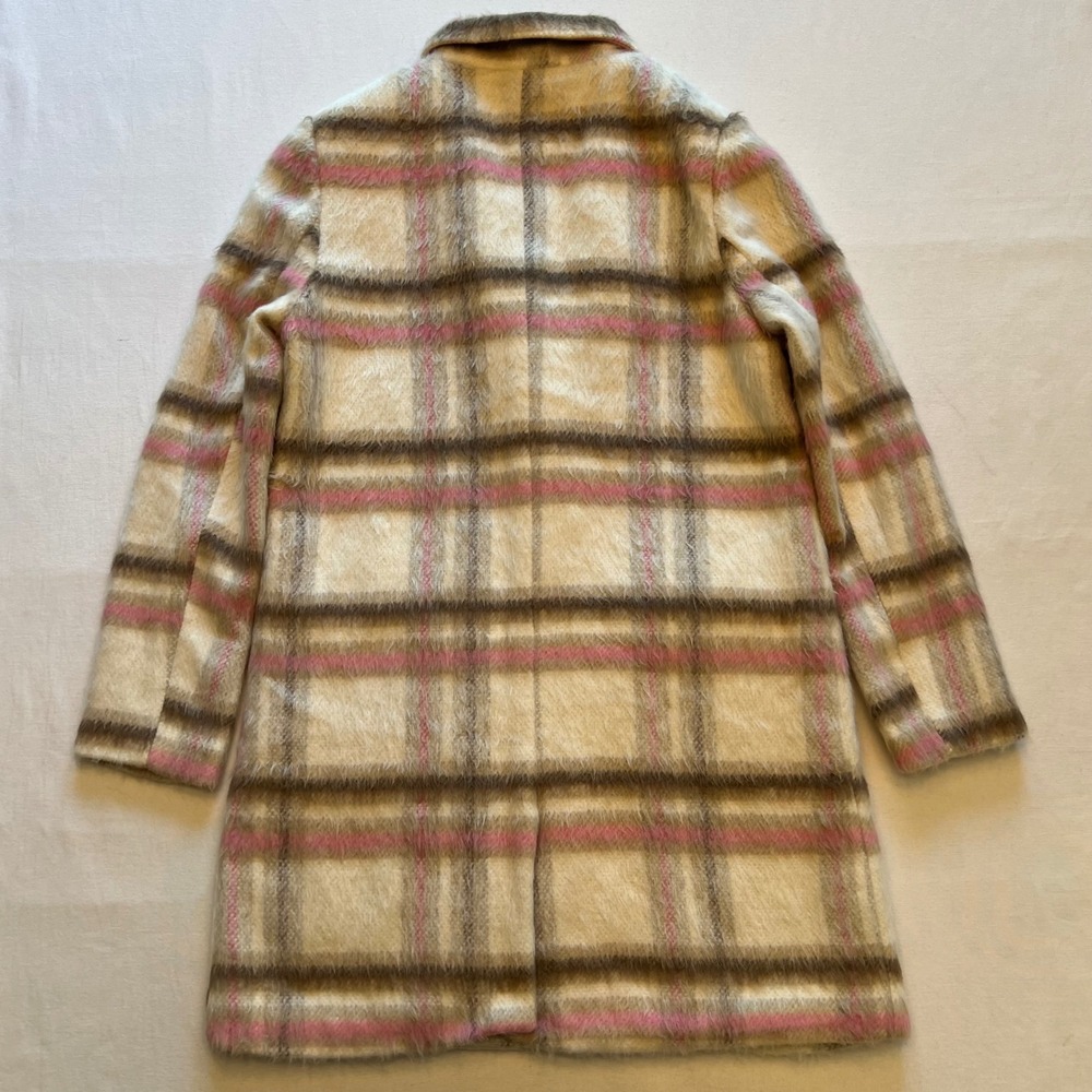 &merci Cream Pink Brown Plaid Fuzzy Classic Preppy Academia Longline Coat Size S - Picture 7 of 8